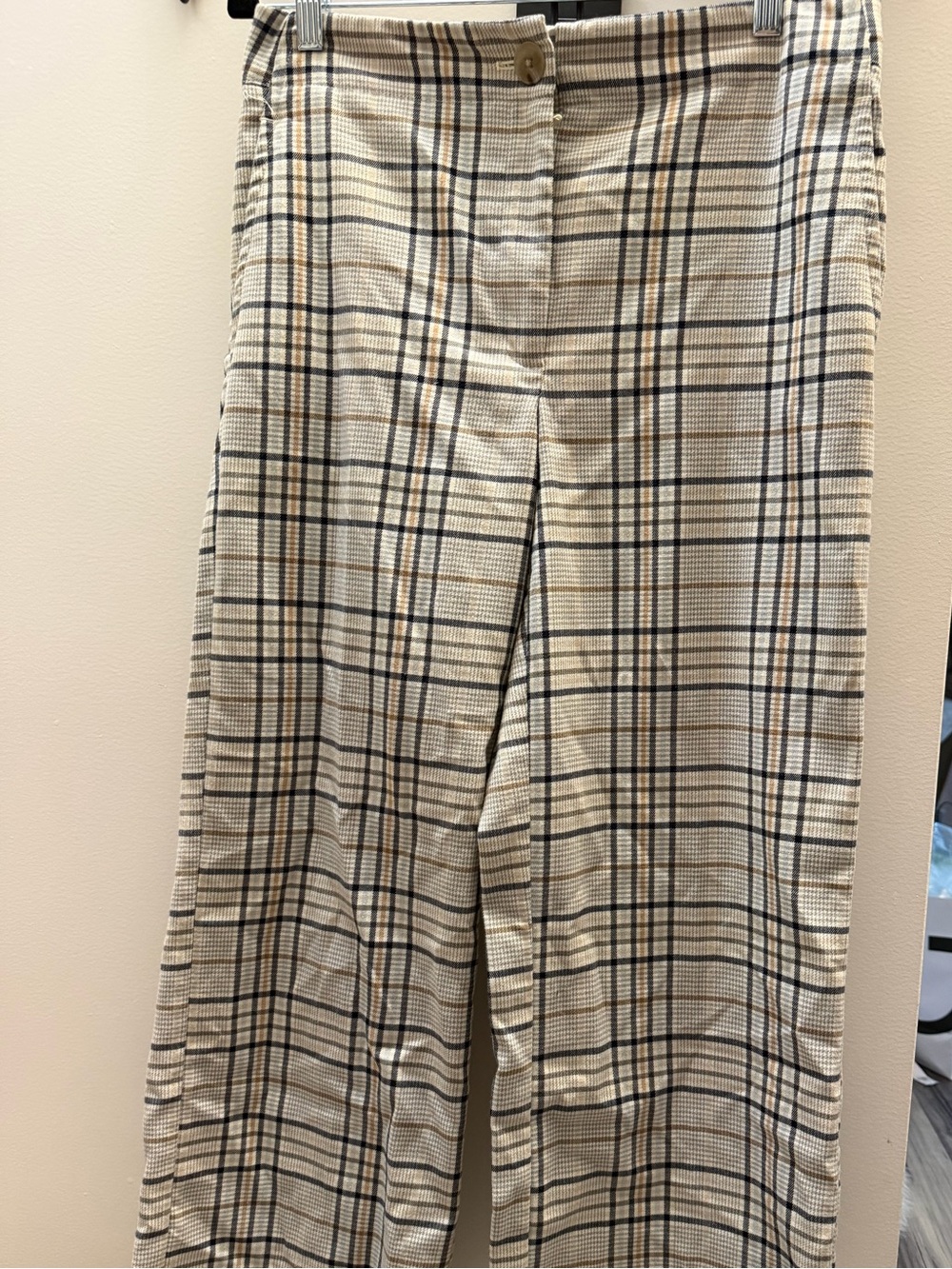 Ann Taylor Factory Plaid Trousers in Cream, Black, and Tan